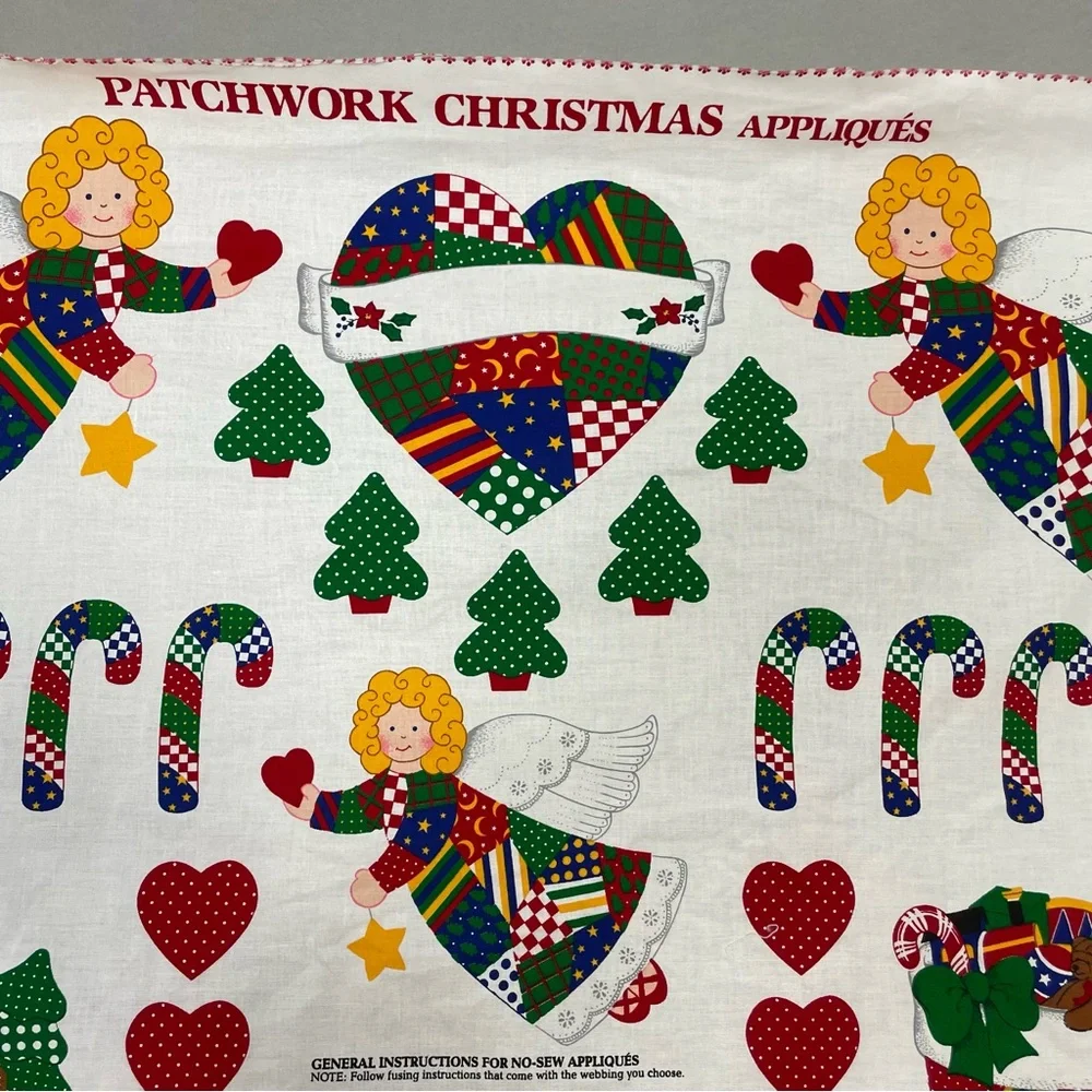 Vintage Christmas Applique Fabric Panel No Sew Patchwork Santa Angel Hearts #K15